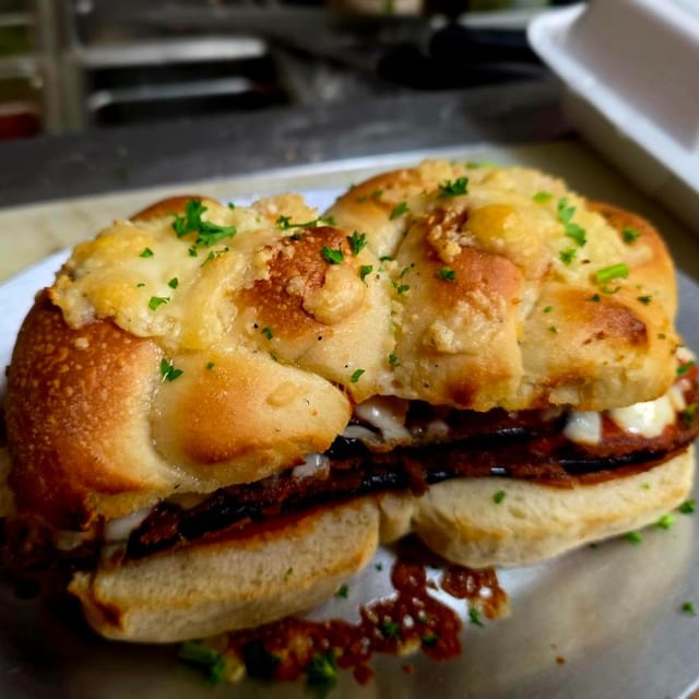 Eggplant Parmesan Garlic Knot Sandwich.